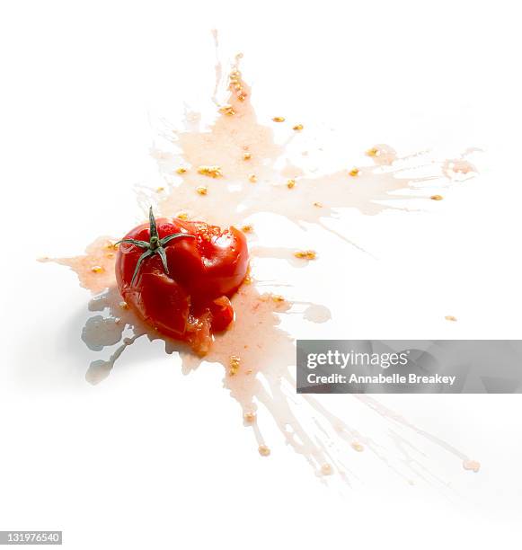 tomato splat on white - tomato splatter stock pictures, royalty-free photos & images