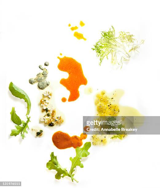 assorted salad dressing drizzled with greens - vinaigrette dressing photos et images de collection