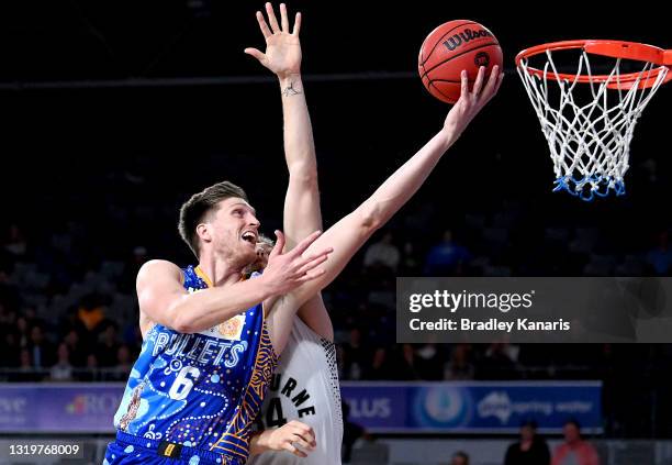 Matthew Hodgson of the Bullets scores a basket during the round 19 NBL match between the Brisbane Bullets and Melbourne United at Nissan Arena, on...