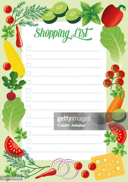 ilustraciones, imágenes clip art, dibujos animados e iconos de stock de plantilla de página de una lista de compras - lista de la compra