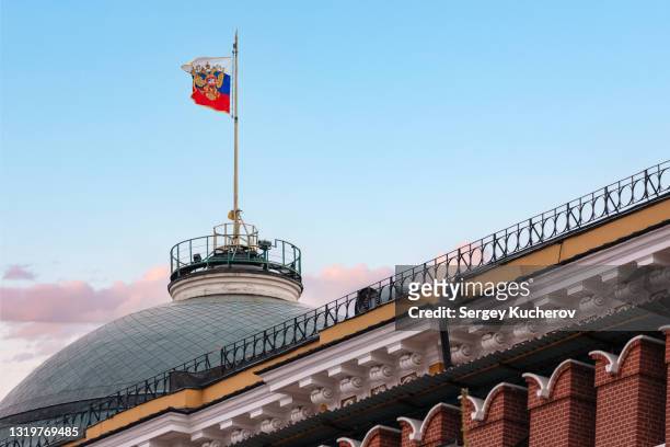 russian flag over the kremlin wall in the morning light - kremlin stock pictures, royalty-free photos & images