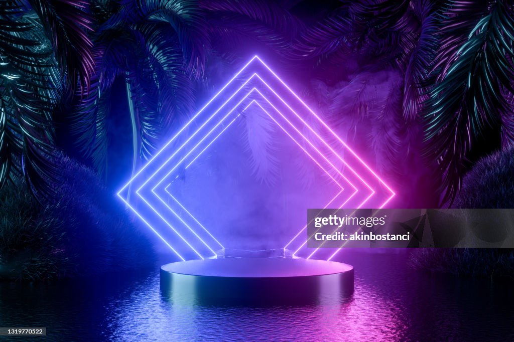 空產品展臺，鈉，底座，展覽與棕櫚樹和霓虹燈在黑暗的背景