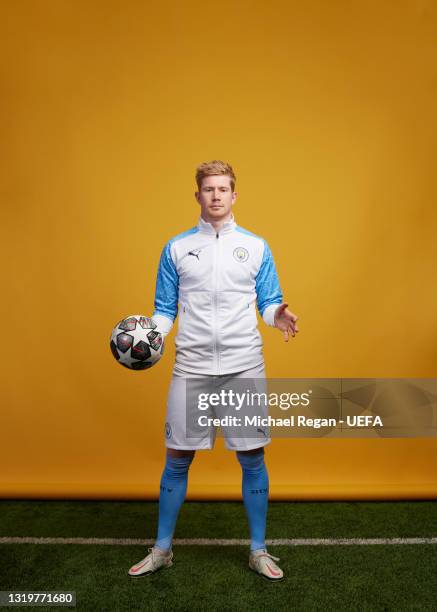 Kevin De Bruyne of Manchester City poses for a portrait during a Champions League final media access day ahead of the 2021 on May 19, 2021 in...