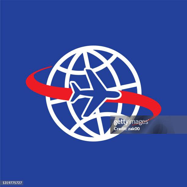 stockillustraties, clipart, cartoons en iconen met bol en vliegtuigpictogram van globaal beeld - commercial aircraft flying