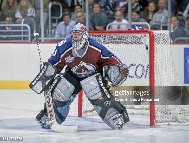 Patrick Roy, Goalkeeper for the Colorado Avalanche tends goal during the NHL Eastern Conference Southeast Division game against the Washington...