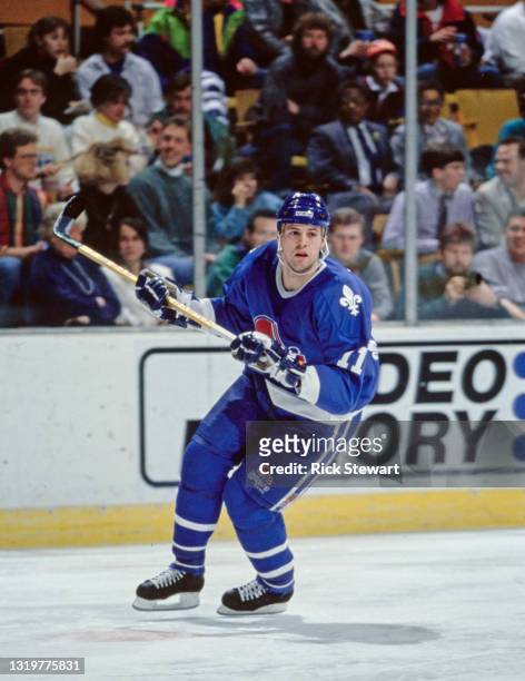Owen Nolan, Right Wing for the Quebec Nordiques in motion on the ice during the NHL Prince of Wales Conference Adams Division game against the...
