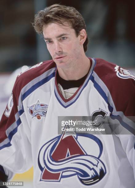Joe Sakic, Captain and Center for the Colorado Avalanche during the NHL Western Conference Northwest Division game against the Minnesota Wild on 7th...