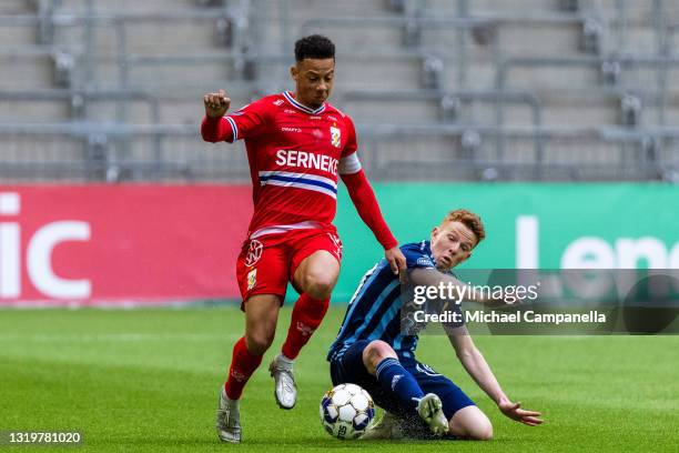 Aslak Witry of Djurgardens IF in a duel with Tobias Sana of IFK Goteborg during the Allsvenskan match between Djurgardens IF and IFK Goteborg at...