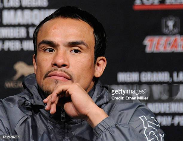 Boxer Juan Manuel Marquez appears during the final news conference for his bout with Manny Pacquiao at the MGM Grand Hotel/Casino November 9, 2011 in...