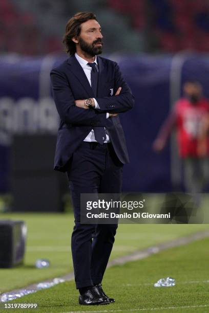 Andrea Pirlo head coach of Juventus FC during the Serie A match between Bologna FC and Juventus at Stadio Renato Dall'Ara on May 23, 2021 in Bologna,...
