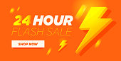 24 hour sale discount banner. Orange special promotional poster. 24h flash sale. Vector
