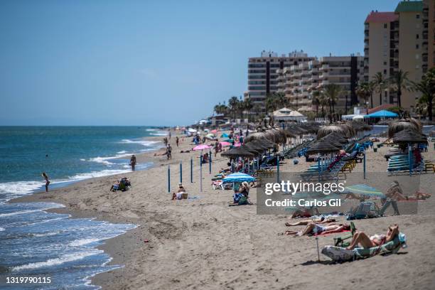 General view of Fuengirola beach near of Malaga on May 24, 2021 in Fuengirola, Spain. From today, the Spanish government added the UK to a list of...