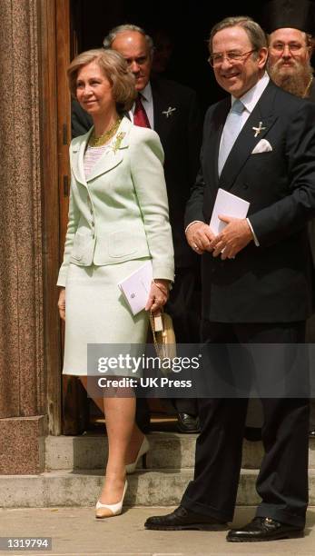 Queen Sofia of Spain And King Constantine of Greece attends the christening of Crown Prince & Crown Princess Pavlos of Greece''s son Achileas Andraes...