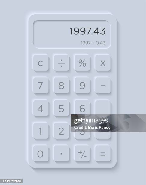 rechner-benutzeroberfläche in modernem und sauberem skeuomorphismus oder neumorphismus ui / ux-stil im light and dark mode für mobile app oder website-design - rechenmaschine stock-grafiken, -clipart, -cartoons und -symbole