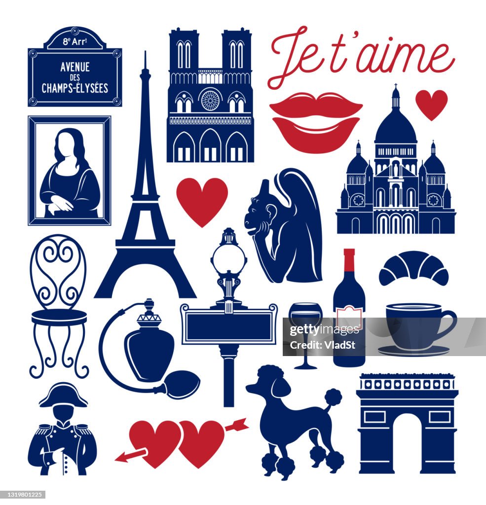 Paris Icons Set French Travel Landmarks Vector Illustration