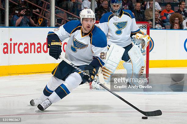 Patrik Berglund of the St. Louis Blues controls the puck against the Edmonton Oilers at Rexall Place on October 30, 2011 in Edmonton, Alberta, Canada.