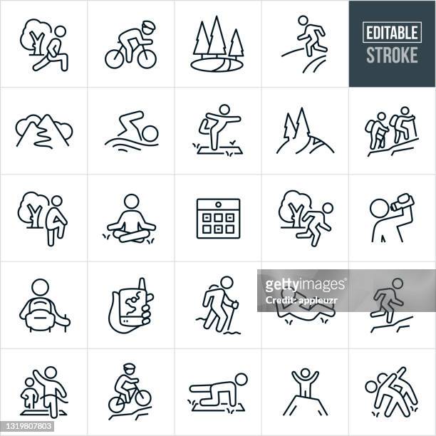 ilustraciones, imágenes clip art, dibujos animados e iconos de stock de iconos de línea delgada de ejercicio al aire libre - trazo editable - deporte