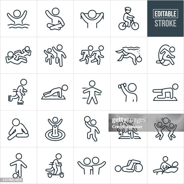 childhood fitness thin line icons - editable stroke - playing sports stock illustrations