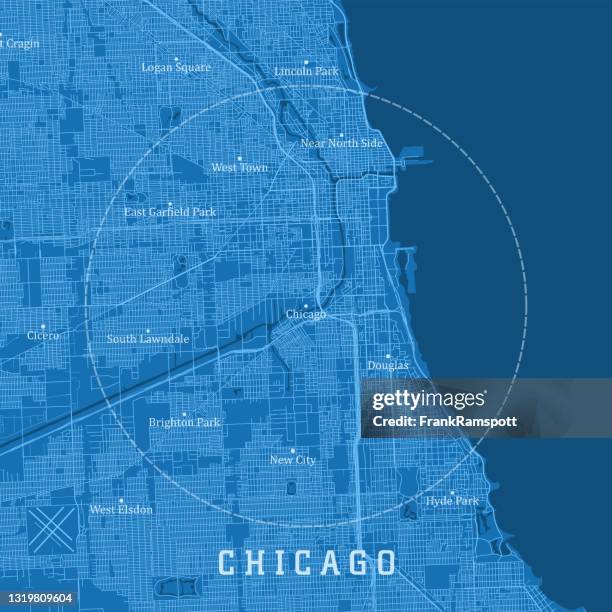 illustrazioni stock, clip art, cartoni animati e icone di tendenza di chicago il city vector road map blue text - chicago illinois