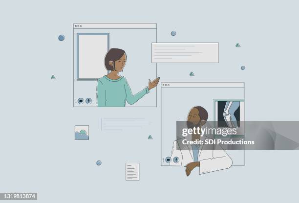 patient talking with doctor during telemedicine appointment - orthopedic doctor stock illustrations