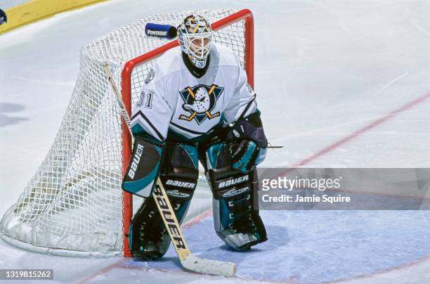 Guy Hebert, Goalkeeper for the Mighty Ducks of Anaheim tends goal during the NHL Western Conference, Pacific Division game against the Atlanta...
