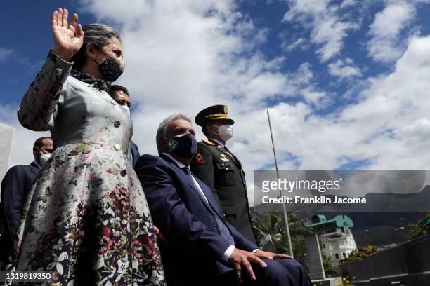 Outgoing President Lenin Moreno and First Lady Rocio Moreno are escorted as they leave after newly elected President Guillermo Lasso inauguration...