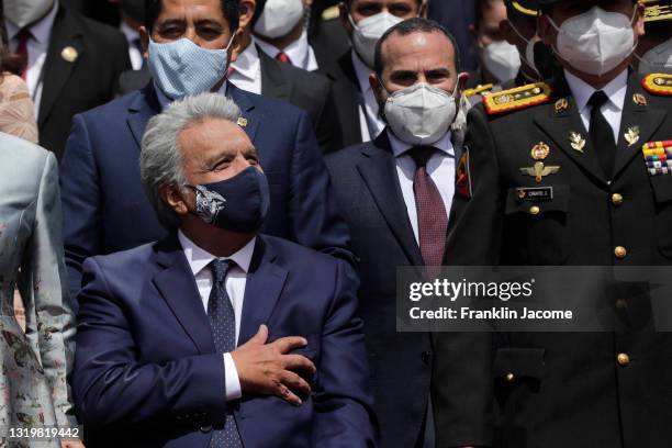 Outgoing President Lenin Moreno gestures as he leaves after newly elected President Guillermo Lasso inauguration speech at Asamblea Nacional on May...