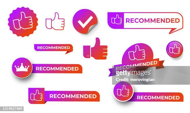 set of banners recommended with thumbs up. recommend badges - trust stock illustrations