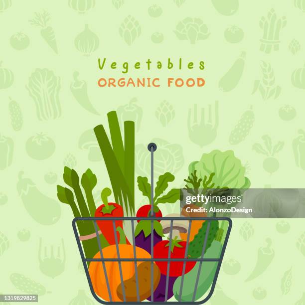 ilustraciones, imágenes clip art, dibujos animados e iconos de stock de verduras frescas y orgánicas en cesta de la compra. concepto de comida de compras de comestibles. - vegetarianismo