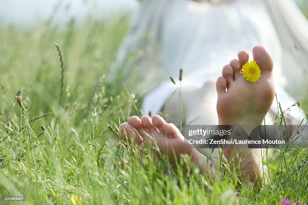 Barefoot woman sitting in grass, holding dandelion flower between toes