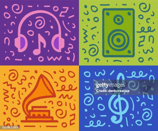 pop art style digital music symbols - music graffiti stock illustrations