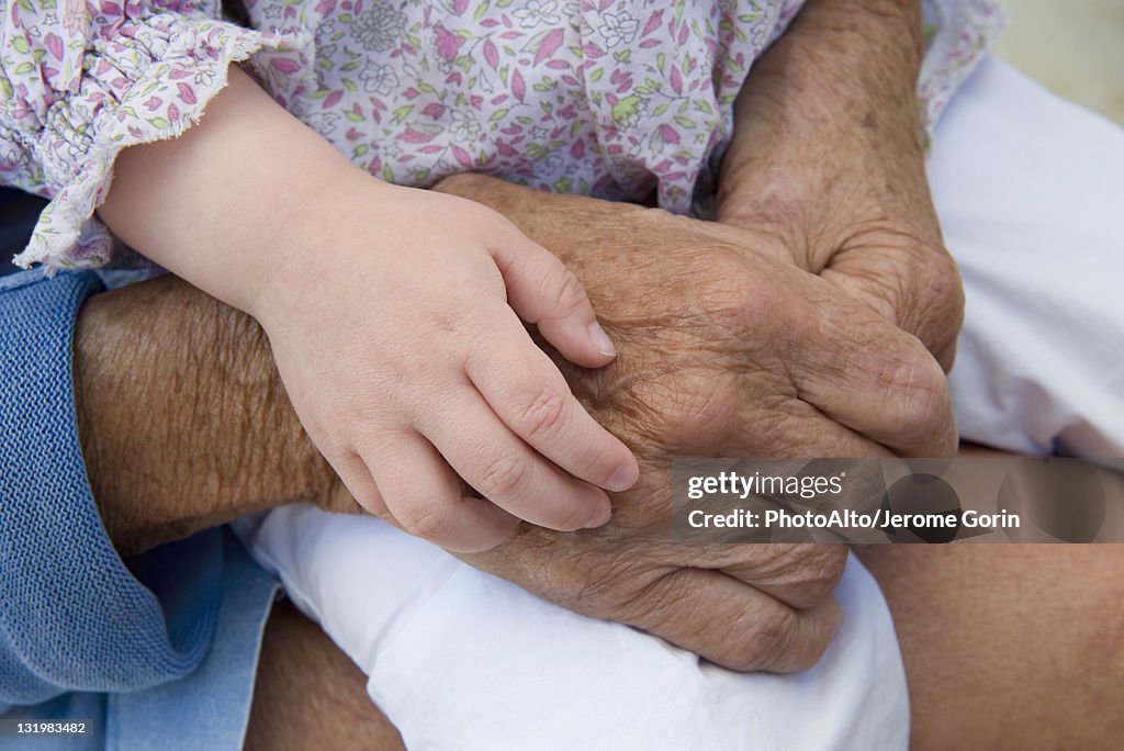 Toddler's hand holding old woman's hand, close-up