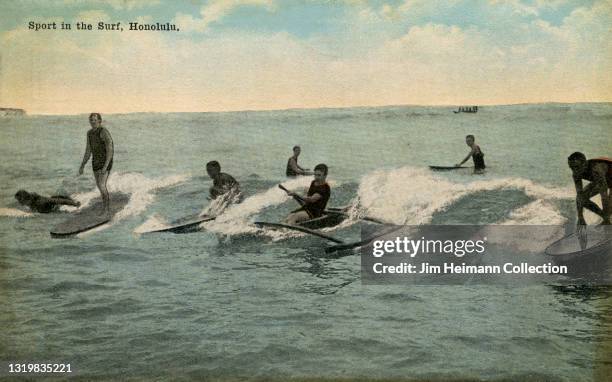 Souvenir postcard from Hawaii features a photorealistic illustration of a group of people riding a wave off the beach in Waikiki. All of them are on...