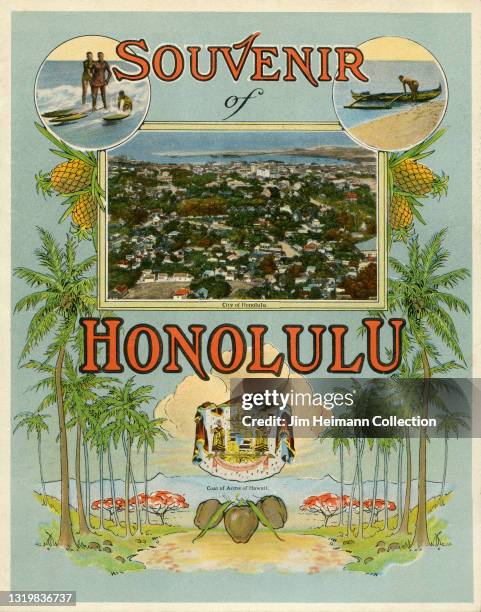 Souvenir travel brochure for Hawaii features an illustration of Honolulu with vignettes of surfers, an outrigger canoe, and a palm-lined pathway, all...