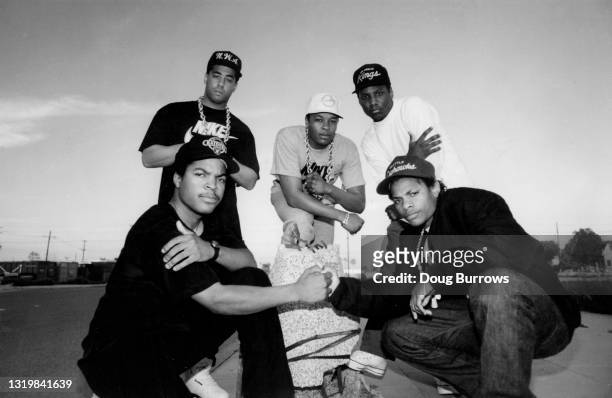 Rap group N.W.A. From 1989. Clockwise from bottom left: Ice Cube, DJ Yella, Dr. Dre., MC Ren, and Eazy-E. CREDIT MUST READ: Douglas R. Burrows/Los...