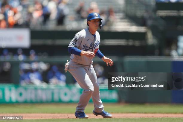 Base runner Will Smith of the Los Angeles Dodgers looks on from second base against the San Francisco Giants at Oracle Park on May 23, 2021 in San...