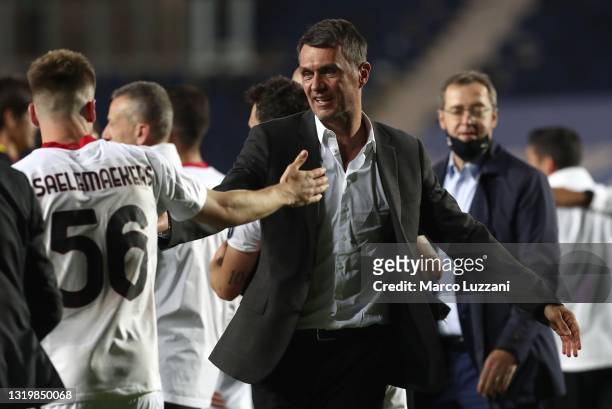 Paolo Maldini, technical director of AC Milan celebrates a victory at the end of the Serie A match between Atalanta BC and AC Milan at Gewiss Stadium...