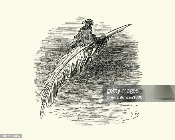 man riding a feather quill pen - quill pen stock illustrations