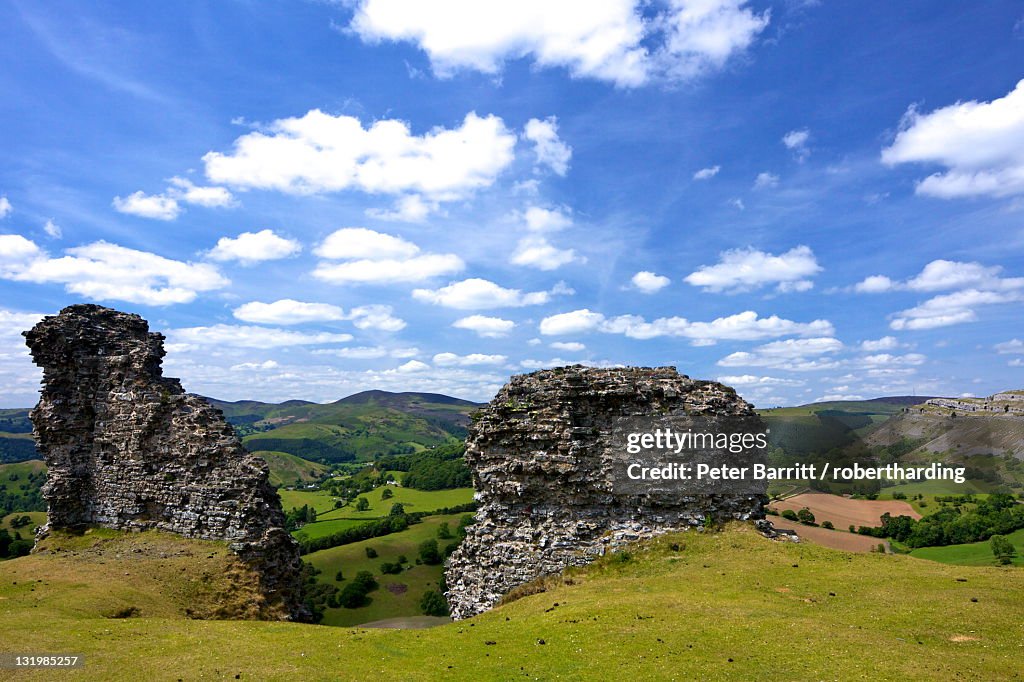 View towards limestone escarpment of Creigiau Eglwyseg, from Castell Dinas Bran, Llangollen, Denbighshire, Wales, United Kingdom, Europe