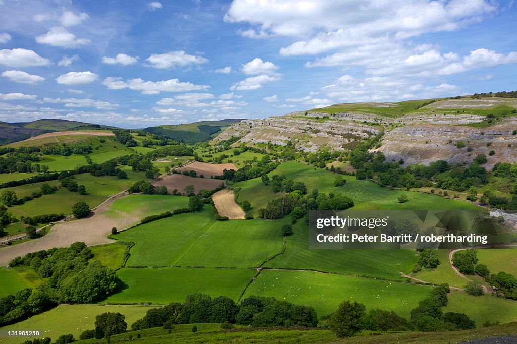 View towards limestone escarpment of Creigiau Eglwyseg, from Castell Dinas Bran, Llangollen, Denbighshire, Wales, United Kingdom, Europe