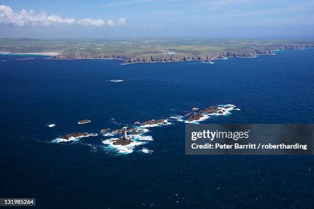 aerial photo of longships lighthouse and lands end peninsula, west penwith, cornwall, england, united kingdom, europe - penwith peninsula stock pictures, royalty-free photos & images