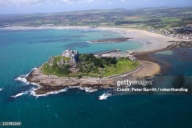 aerial view of st. michael's mount, penzance, lands end peninsula, west penwith, cornwall, england, united kingdom, europe - penwith peninsula stock pictures, royalty-free photos & images