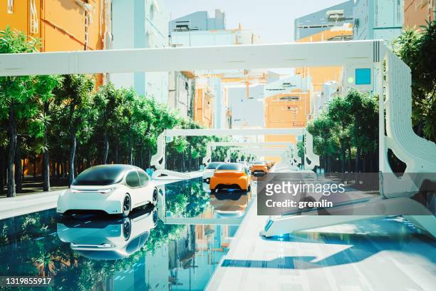 futuristic green city with generic autonomous electric cars - land vehicle stock pictures, royalty-free photos & images