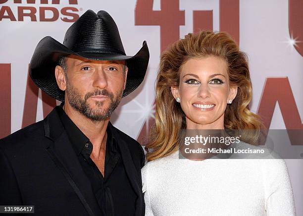 Tim McGraw and Faith Hill attend the 45th annual CMA Awards at the Bridgestone Arena on November 9, 2011 in Nashville, Tennessee.