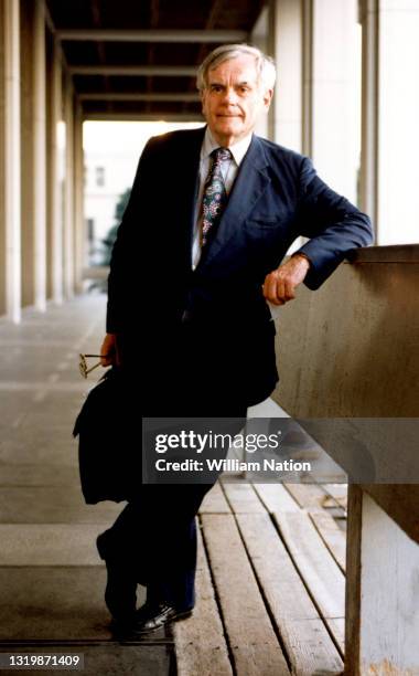 American writer, investigative journalist, and producer Dominick Dunne poses for a portrait circa February, 1995 in Los Angeles, California.