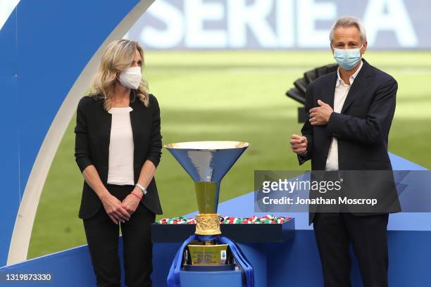 Valentina Vezzali and Paolo Dal Pino wait for the winners' to present themselves on the podium for the trophy ceremony following the Serie A match...