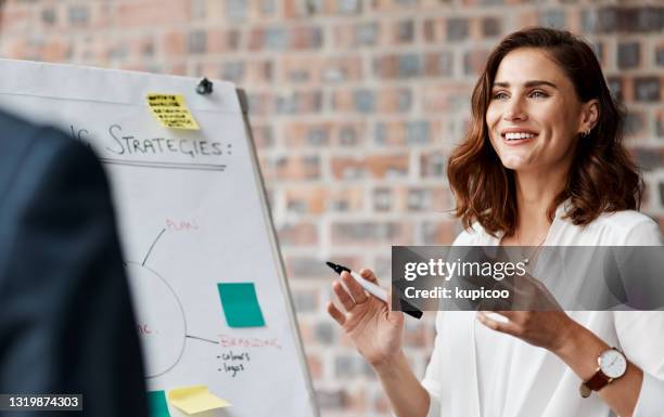 ontsproten van een jonge onderneemster die nota's op een whiteboard in een bureau voorstelt - advertising stockfoto's en -beelden