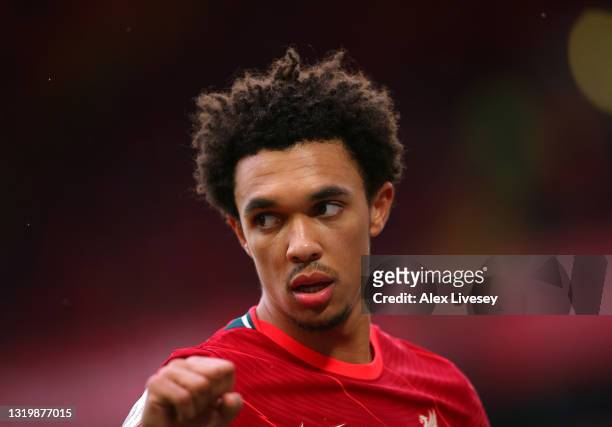 Trent Alexander-Arnold of Liverpool looks on during the Premier League match between Liverpool and Crystal Palace at Anfield on May 23, 2021 in...