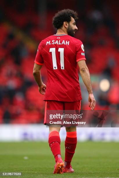 Mohamed Salah of Liverpool looks on during the Premier League match between Liverpool and Crystal Palace at Anfield on May 23, 2021 in Liverpool,...