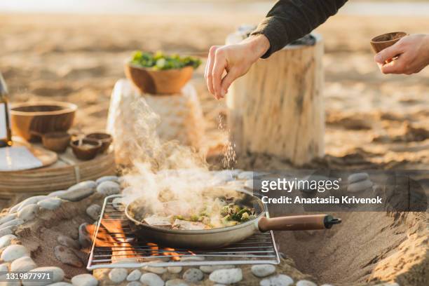 mans chefs hand sprinkling salt on freshly cooked salmon and vegetables. - al fresco dining stock pictures, royalty-free photos & images